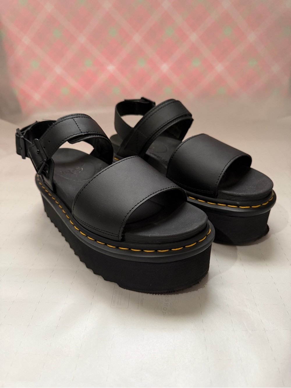 Dr. Martens Black Platform Open-Toe Sandals with Yellow Stitching